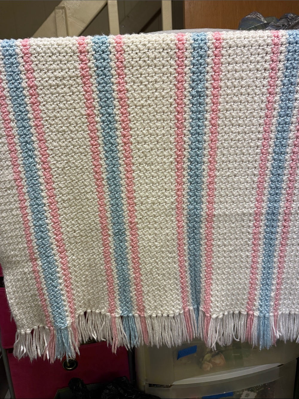 Cream Woven Throw with Pink & Blue Stripes